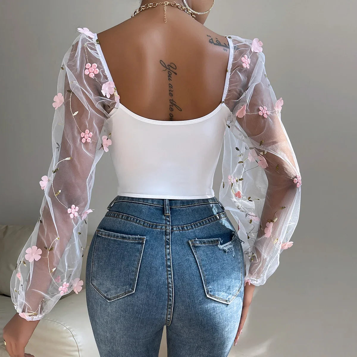 White Gauze Corset Bone Cropped Top Sexy Floral Backless Long Sleeve French Summer Women's Slim Bustier Tank Top