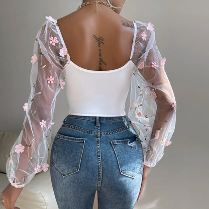 White Gauze Corset Bone Cropped Top Sexy Floral Backless Long Sleeve French Summer Women's Slim Bustier Tank Top