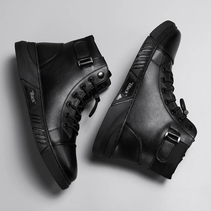 Black Leather Men Ankle Boots Winter Outdoor Casual Shoes No-slip High Top Male Work Shoes High Quanlity Light Man Chelsea Boots