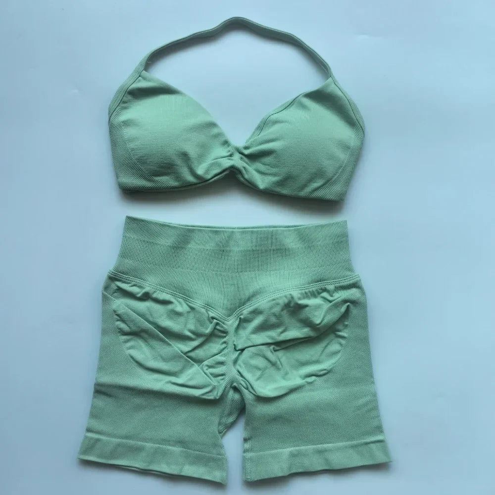 NO LOGO 2PCS Gym Set Women Strappy Yoga Bra Top High Waist Workout Scrunch Shorts Sports Suit Seamless Yoga Set Fitness Clothes