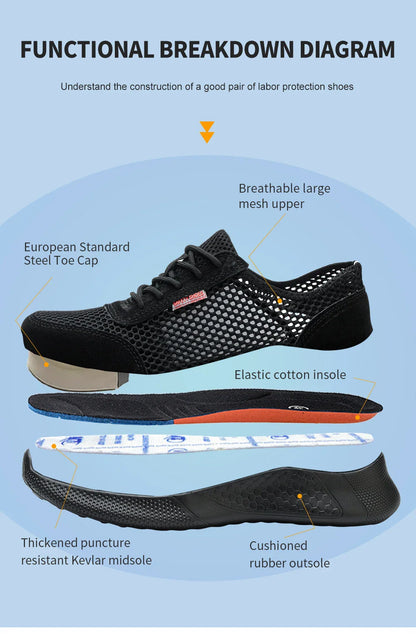 Men's Summer Steel Toe Safety Shoes Anti-Crush And Piercing Breathable Lightweight Outdoor Pure Black Work Shoes