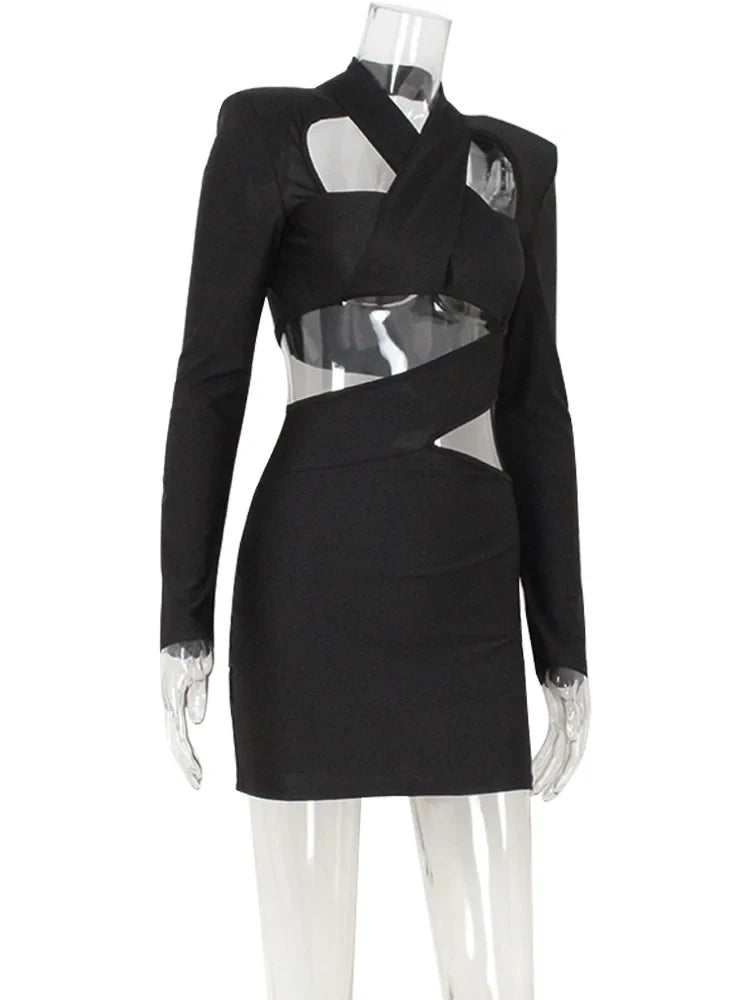 Club Women's Mini Dresses Solid Hollow Out V-Neck Regular Long Sleeves Sheath Bodycon Slim Fit Streetwear Vestidos