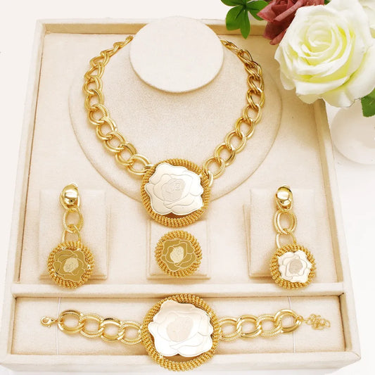 4Pcs Gold Color Rose Jewelry Set Exaggeration Big Drop Necklace Super Large Bracelet Long Earring Ring For Women Gift