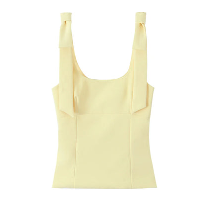 Sexy Chic Yellow Bow Tops Women Zipper Tie Up Slim Short Cami Tops Women Fashion 2025 Summer Elegant Y2K Girl Blouses