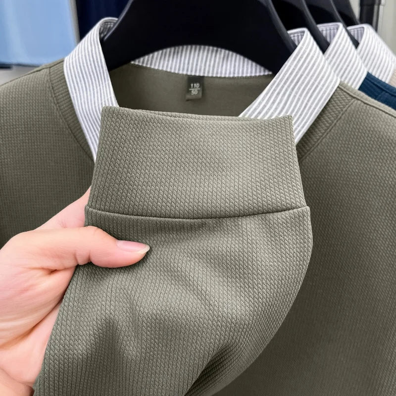 High End Brand Men's Striped Lapel Fake Two Piece Polo Shirt Designer Autumn Winter Fashion Business Simple Versatile Men's Wear