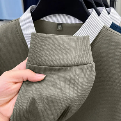 High End Brand Men's Striped Lapel Fake Two Piece Polo Shirt Designer Autumn Winter Fashion Business Simple Versatile Men's Wear