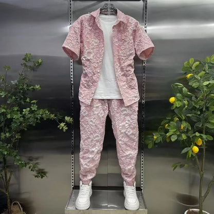 Summer Shirts+Pants Men Sets New Men Casual Print Shirt Two Piece Mens Sportswear Jogger Tracksuits Fashion Suit
