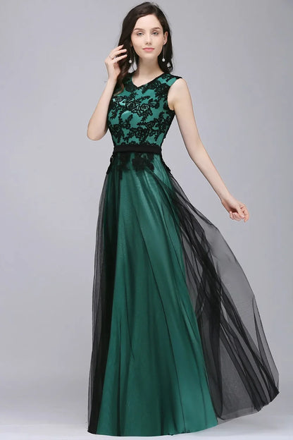 Elegant Black Lace Red Evening Dresses Long Appliques Chiffon With Sashes Pink Green Burgundy Formal Prom Gown Vestido de Fiesta