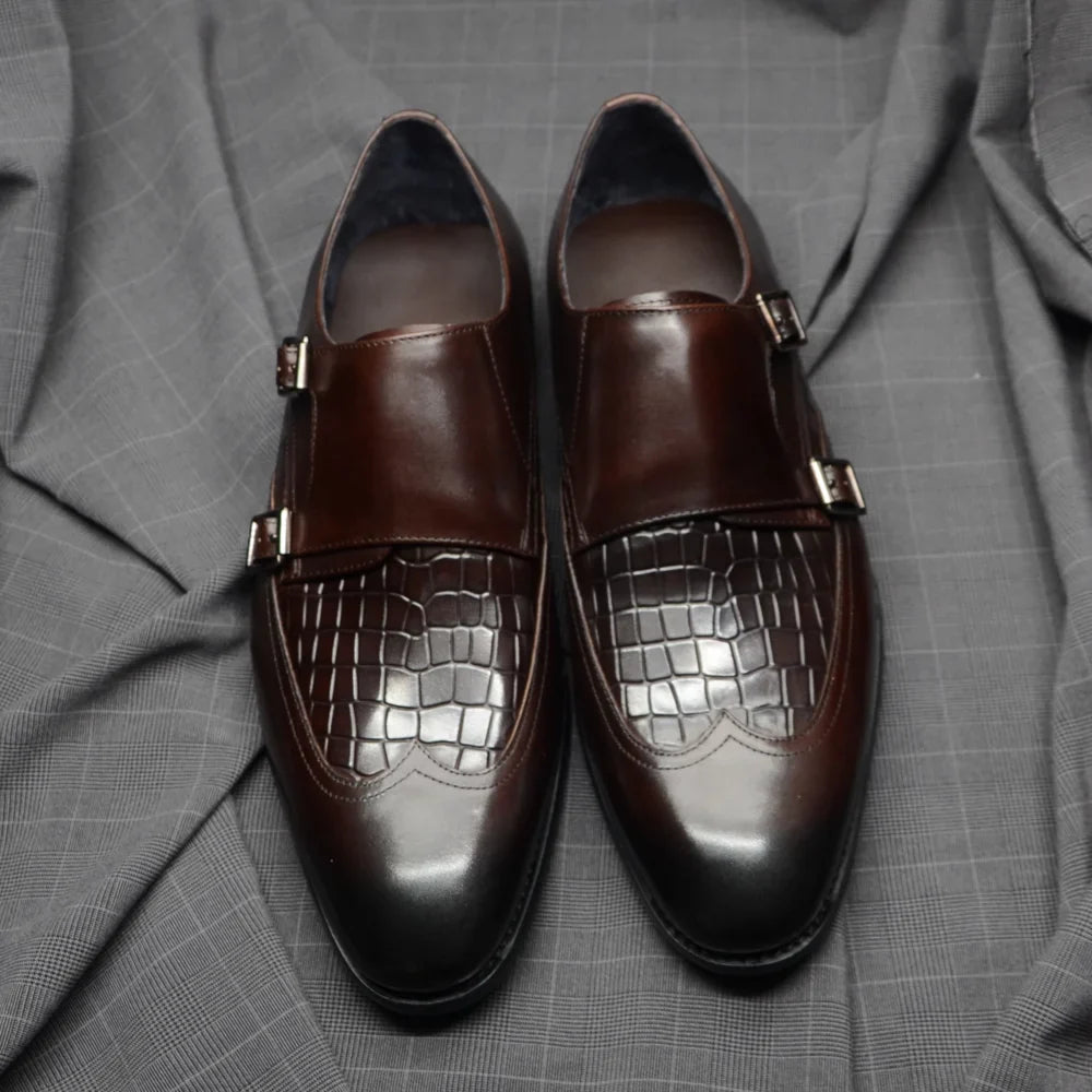 Classic Men's Genuine Leather Dress Shoes Double Buckle Monk Strap Wingtip Crocodile Print Business Office Formal Footwear Man
