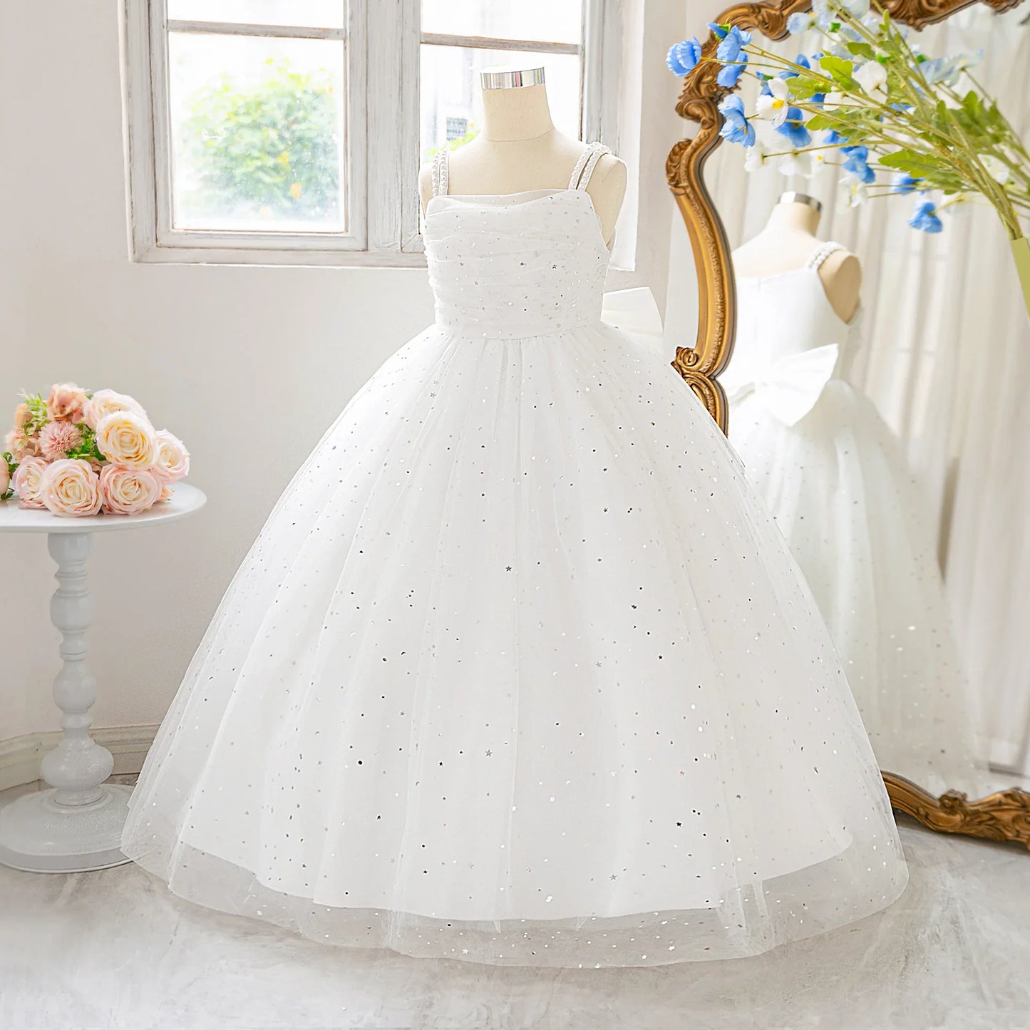 Elegant Sequins Bridemaids Girl Dress Summer Big Bow Tulle Wedding Princess Party Prom Dresses Girls Birthday Evening Ball Gown