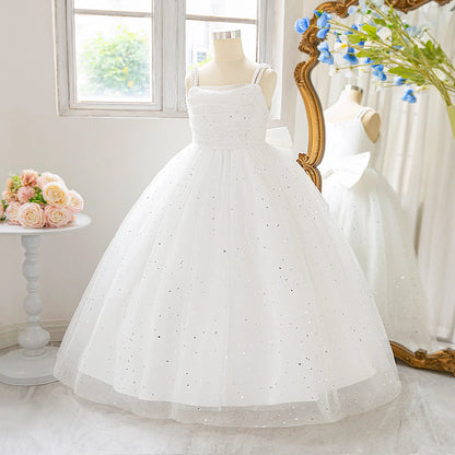 Elegant Sequins Bridemaids Girl Dress Summer Big Bow Tulle Wedding Princess Party Prom Dresses Girls Birthday Evening Ball Gown