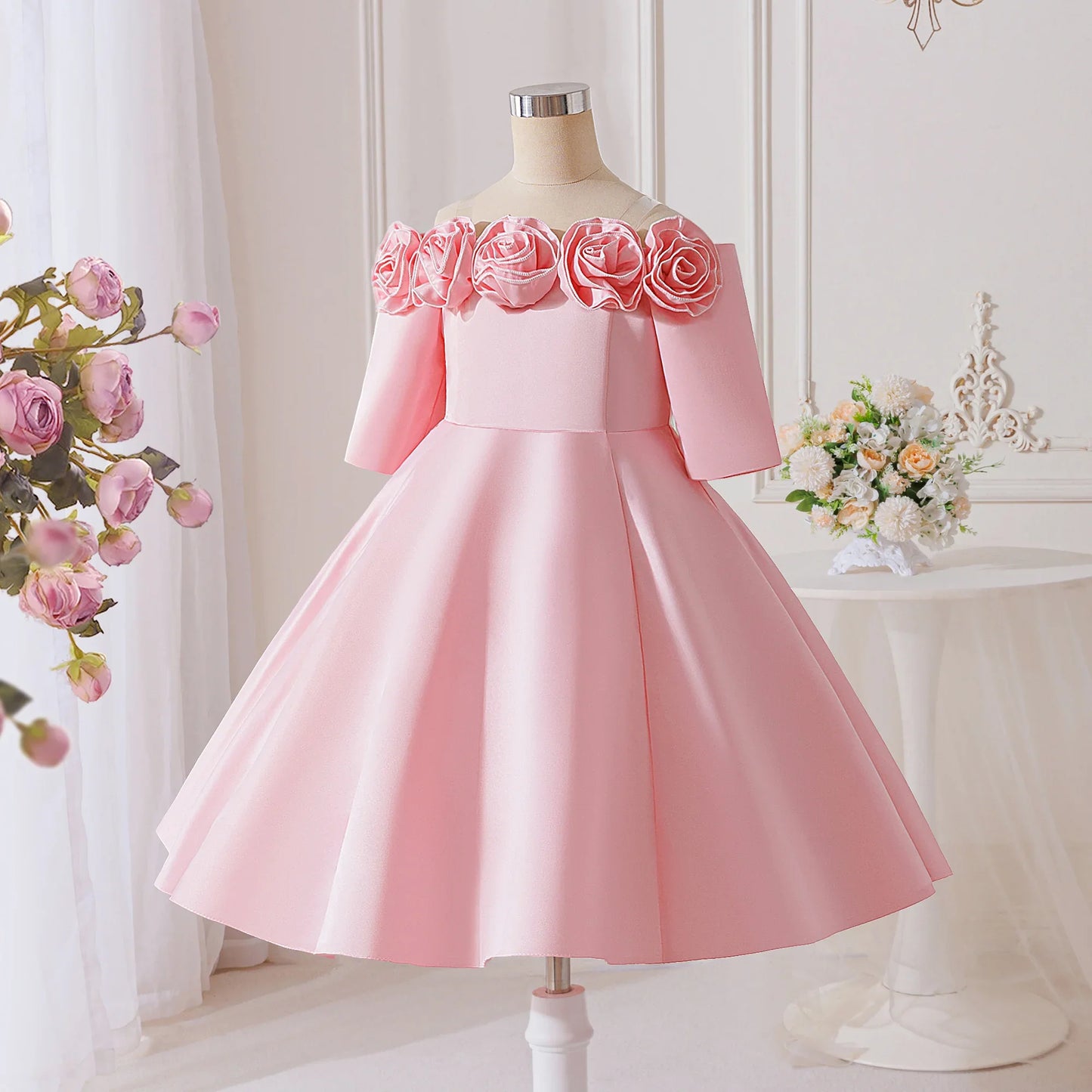Vestido de Festa Infantil com Flores 3D de Verão Elegante para Meninas Vestido de Dama de Honra Princesa Vestido de Formatura Menina Laço Aniversário Apresentação de Piano Vestido de Noite