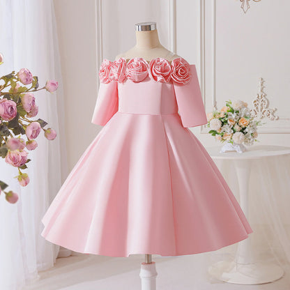 Vestido de Festa Infantil com Flores 3D de Verão Elegante para Meninas Vestido de Dama de Honra Princesa Vestido de Formatura Menina Laço Aniversário Apresentação de Piano Vestido de Noite