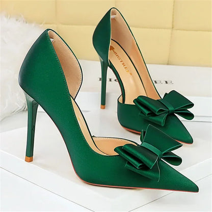 2024 Women 10.5cm High Heels Sweet Korean Side Hollow Pumps Lady Party Purple Green Kawaii Bowknot Heels Prom Silk Satin Shoes