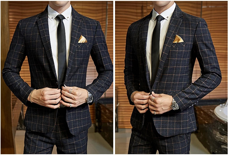 Men's Casual One-Button Plaid Suit Two-Piece Set Business No-Ironing Best Man M-5XL 2025 Fashion Comfortable Fit