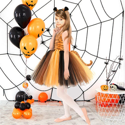 Cute Leopard Tiger Cat Giraffe Tutu Dress For Girls Halloween Animal Cosplay Costume Outfit Kids Christmas Carnival Party Dress