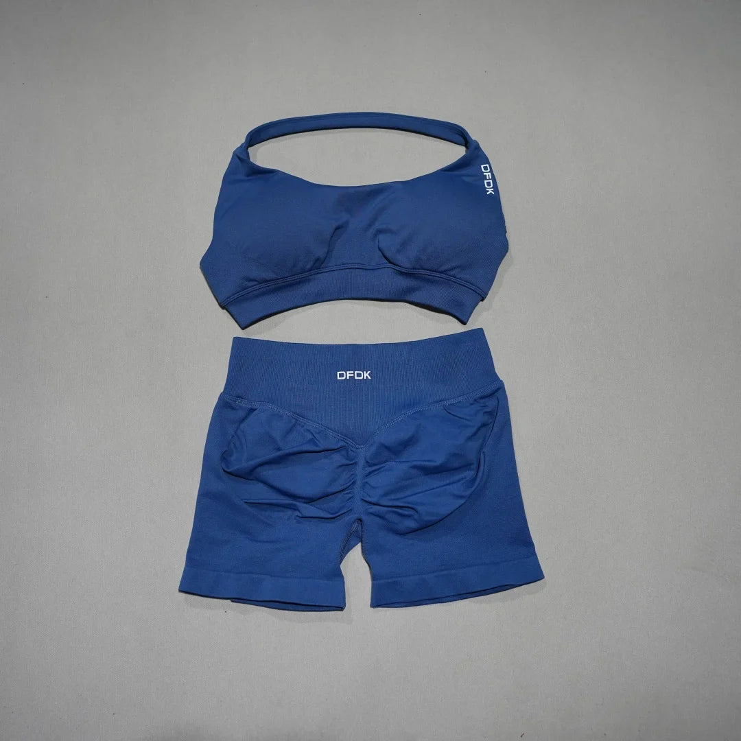 Women's Fashion 2 Piece Sports Set Lace Up Sports Bra Seamless Shorts Leggings Yoga Gym Fitness Running Tracksuit