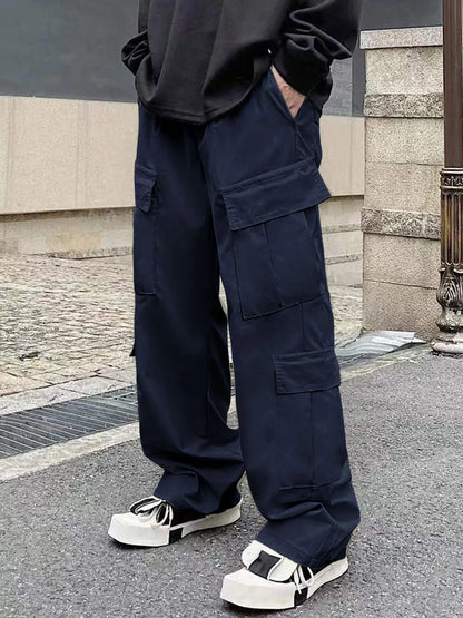 Men's Spring and Autumn Multi-Pocket Cargo Pants with Elastic Waistband and Drawstring Adjustment, Solid Color Multi-Pocket Long Pants Suitable for Outdoor Sports and Leisure