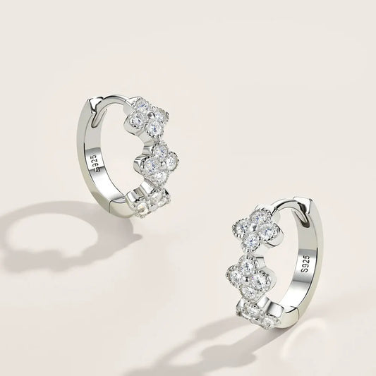 1.7mm D Color Moissanite Hoop Earrings for Women 925 Sterling Silver Four Leaf Clover Huggie Earring Flower Jewelry