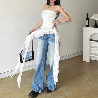 2025 Spring New Solid Color Sweet Gentle Cute All-match High Street Travel Sexy Cool Women Chest Wrap Ruched Tassel Vest