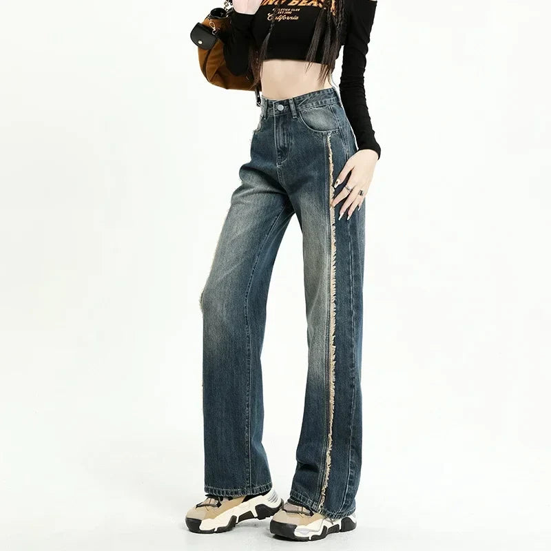 Cotton Wide-leg Women's Baggy Jeans High Waist Distressed