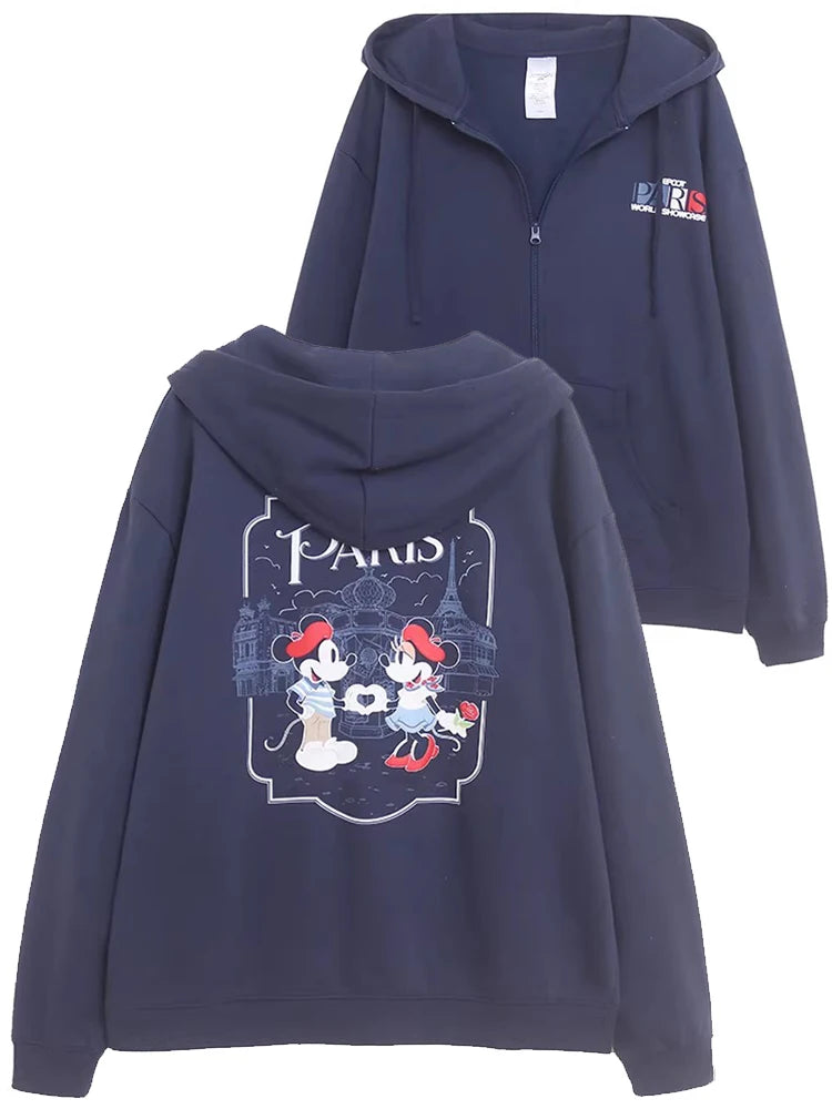 Mickey Mouse Paris Letter Cartoon Print Fleece Sweatshirt Fashion Unisex Women Pockets Hooded Zip Up Jumper Tops