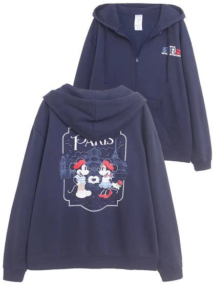 Mickey Mouse Paris Letter Cartoon Print Fleece Sweatshirt Fashion Unisex Women Pockets Hooded Zip Up Jumper Tops