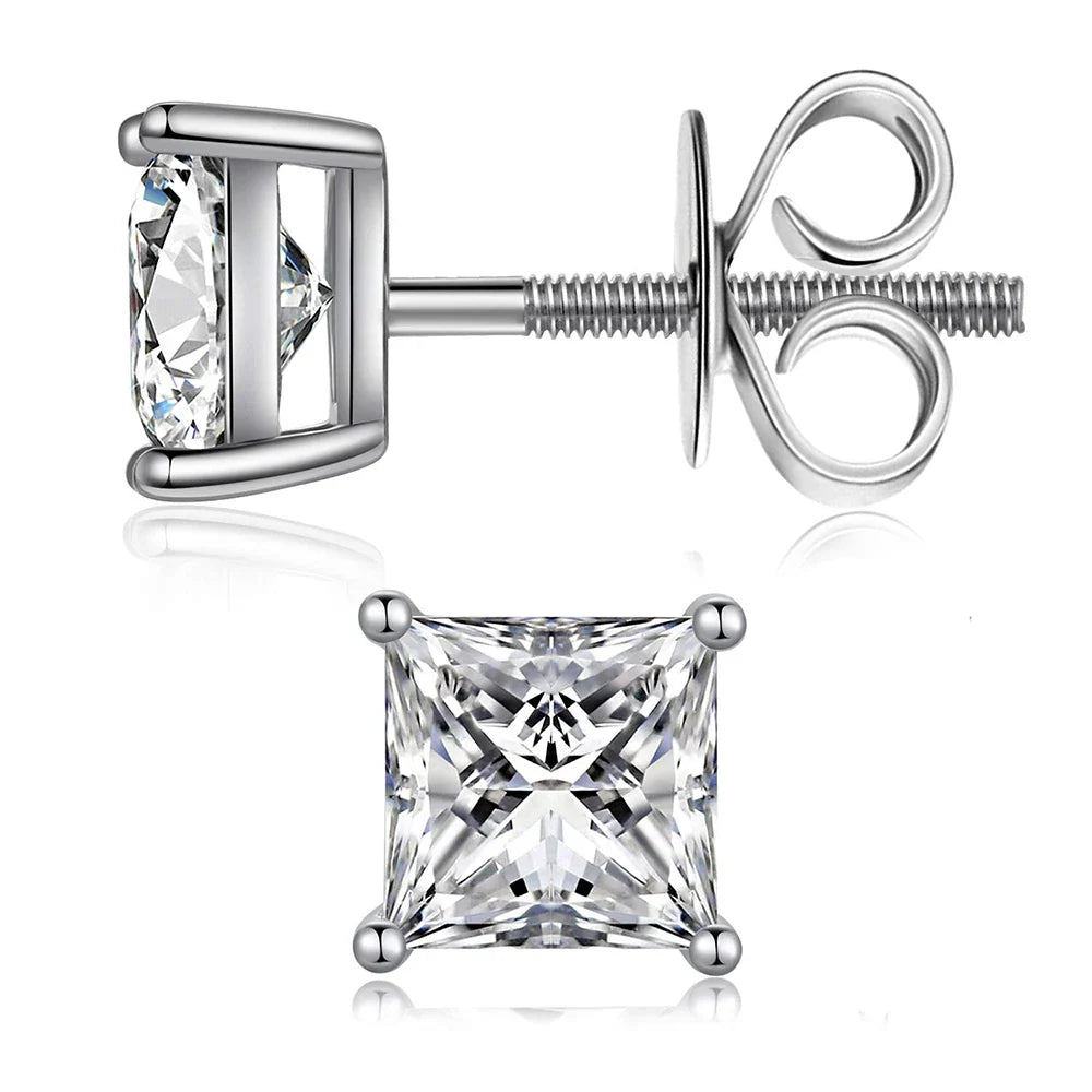1/2/3/4carat Princess Cut Moissanite Stud Earrings Screw Back 925 Sterling Silver Square Diamond Stud Earring for Women Men Gift