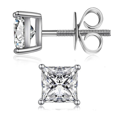 1/2/3/4carat Princess Cut Moissanite Stud Earrings Screw Back 925 Sterling Silver Square Diamond Stud Earring for Women Men Gift