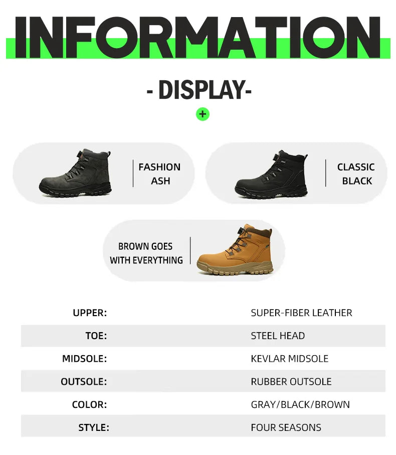 Leather Non Slip Work Boots for Men Rotating Button Safety Shoes Steel Toe Sneaker Male Puncture Proof Protective Boots