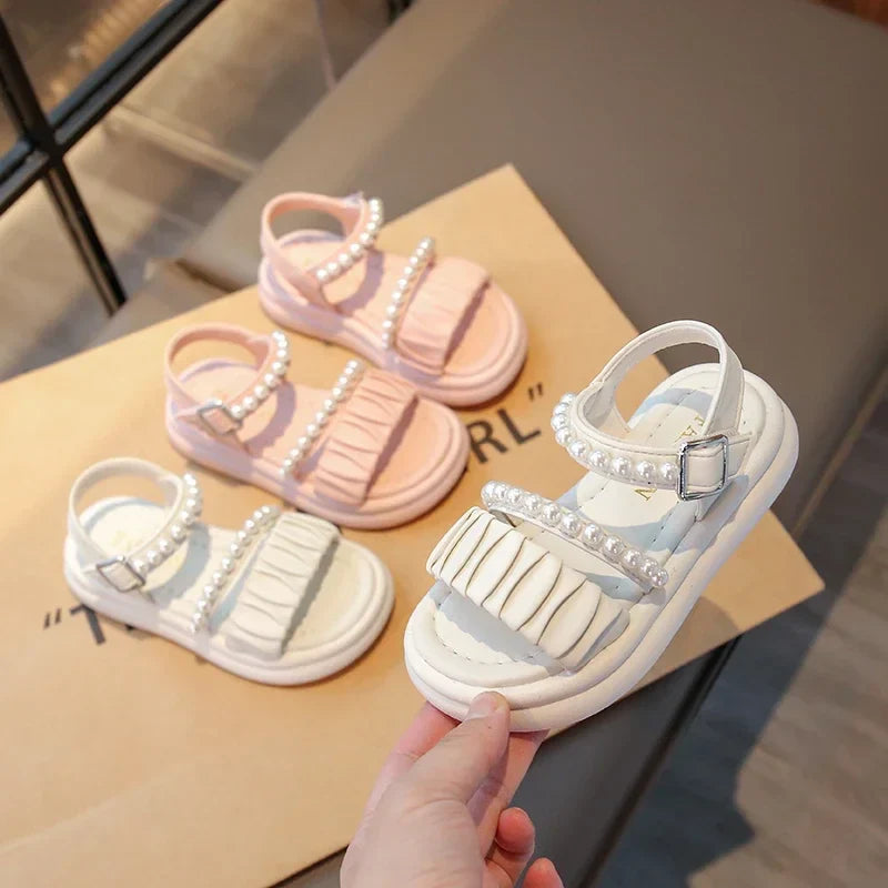 Girls Sandals Pleated Ins Trendy Kids Princess Shoes Beads Sweet Soft Sole 2025 Summer New Children Beach Shoes Open Toes Cute