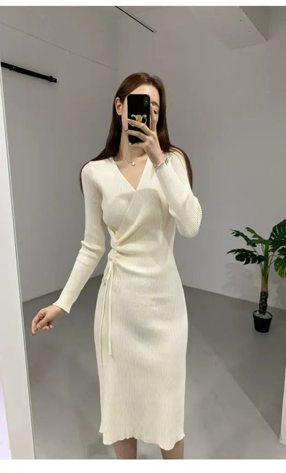 V-ne Knitted Wrap Waist Slimming Mid-length A-line Dr Women's Sweater Dr Korean Sle High Waist Long Sve