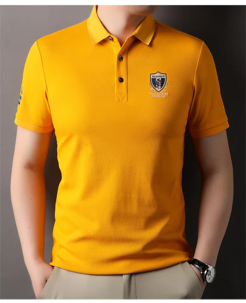 High end luxury silk cotton short sleeve POLO shirt men's summer fashion brand embroidered T-shirt cool wrinkle resistant top