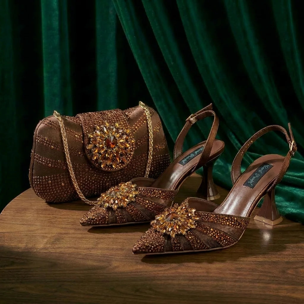 2026 Elegant Purple Color Women's Heels Shoes Bag Set Rhinestone Embellished Designer HAND CRAFTED UPPER Shoes for Special Event
