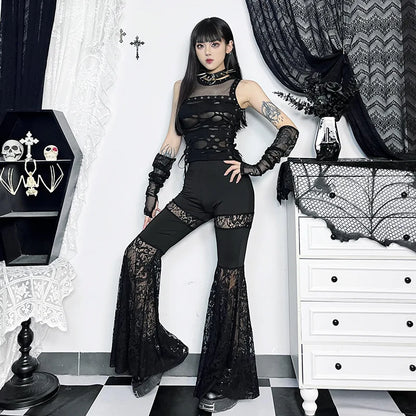 Gothic Crop Tops Punk Tanks Trendy Camisole T-Shirt Women Sexy Fishnet Backless Steampunk Vest Clubwear for Rave Party