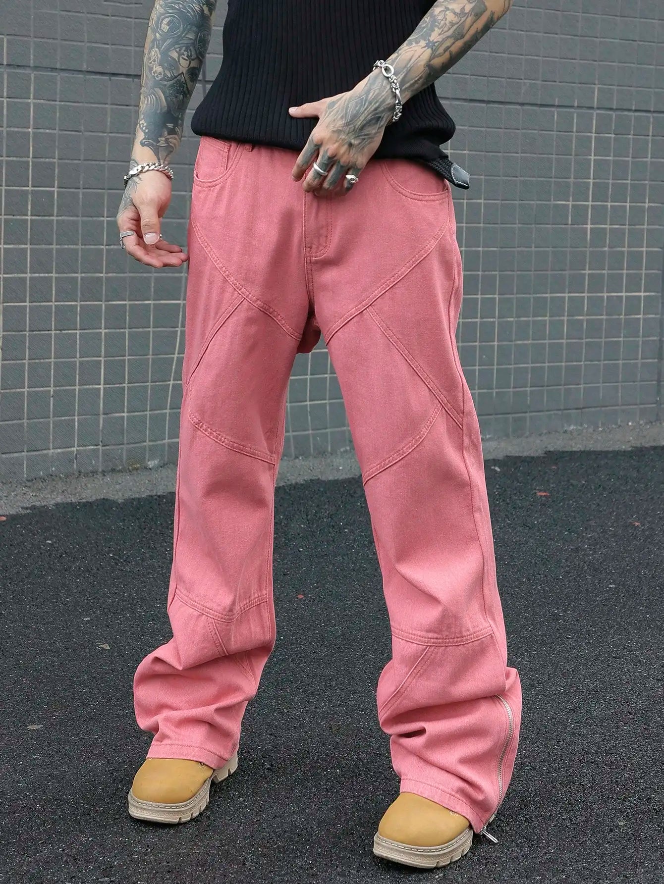 Men's Pink Patchwork Flared Jeans, Street Trend, Suitable for All Seasons