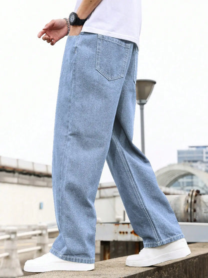 Men's Light Blue Washed Wide-Leg Jeans, Loose Straight Fit, Trendy Casual Style for All Seasons