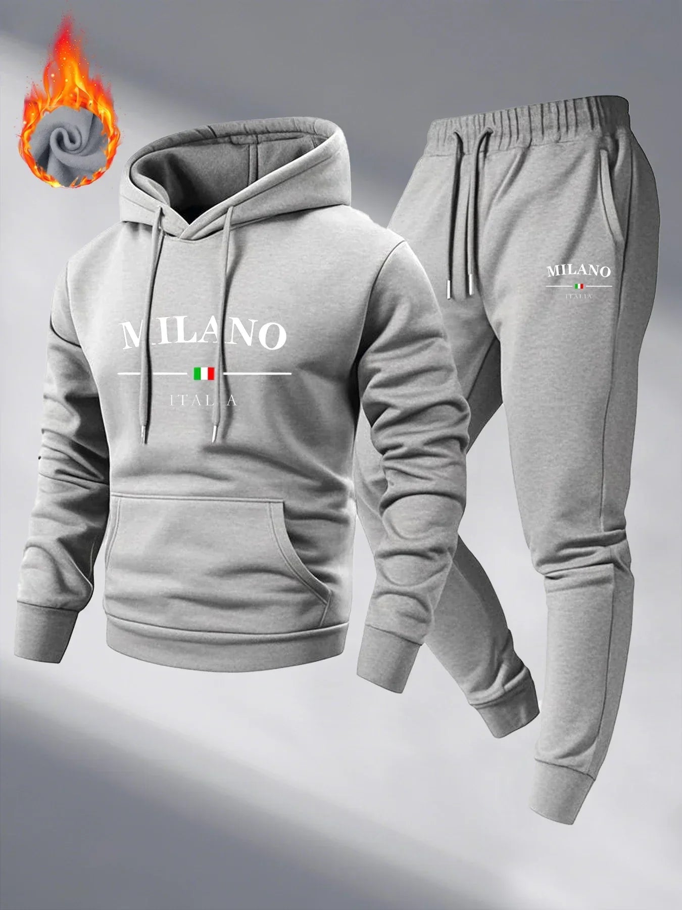 Men's Fleece Warm Hoodies Sets MILANO Printing Tracksuit Hooded Sweatshirt + Drawstring Pants Sportswear Two-piece suit