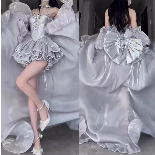 High Street Women's Mint Green Strapless Bowknot Sweet Fairy Organza Dress 2024 New Elegant Big Bow Trailing Party Wedding Dress