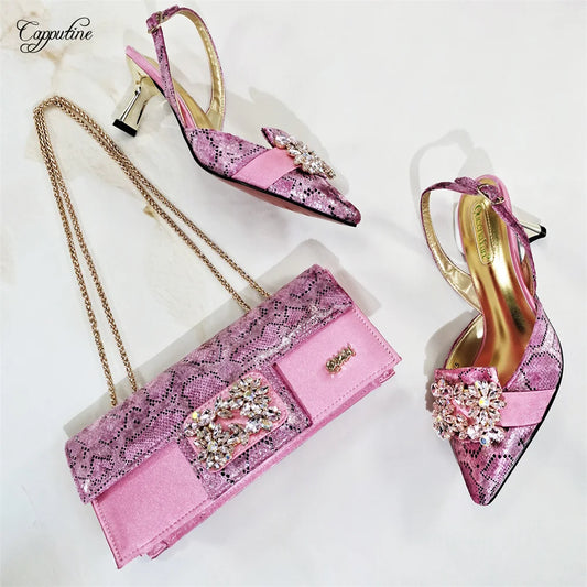 Pink Women Shoes And Bag Set Fashion African Lady Pumps Match With Handbag Clutch High Heels Sandals Femme Sandales MM1175