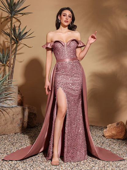 Sequined off-the-shoulder pleated collar satin floor-length dress