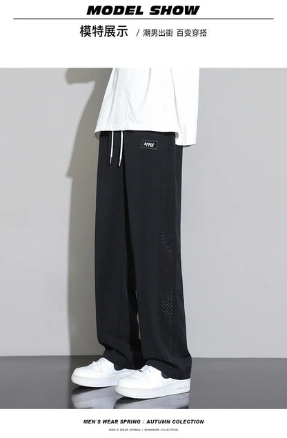 Men's Ice Silk Pants Summer Thin Style Drape Effect Loose Straight Casual Long Pants Trendy Brand Wide‑Leg Sports Pants for Boys
