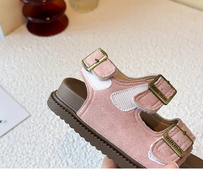 Kids Suede Strappy Sandals for Boys Girls 2025 Summer Toddler Beach Barefoot Shoes Non-slip Versatile Comfort Casual Sandals Ins