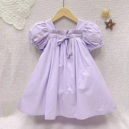 Summer Doll Skirt Girl Baby Bow Bubble Sleeve Princess Dress Floral Square Neck Dress