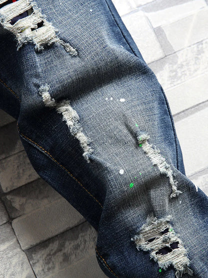 Men's Slim Fit Jeans Elastic Casual High Street Style Ripped Patchwork Pants Fashionable Tight Menswear Spring New Arrival