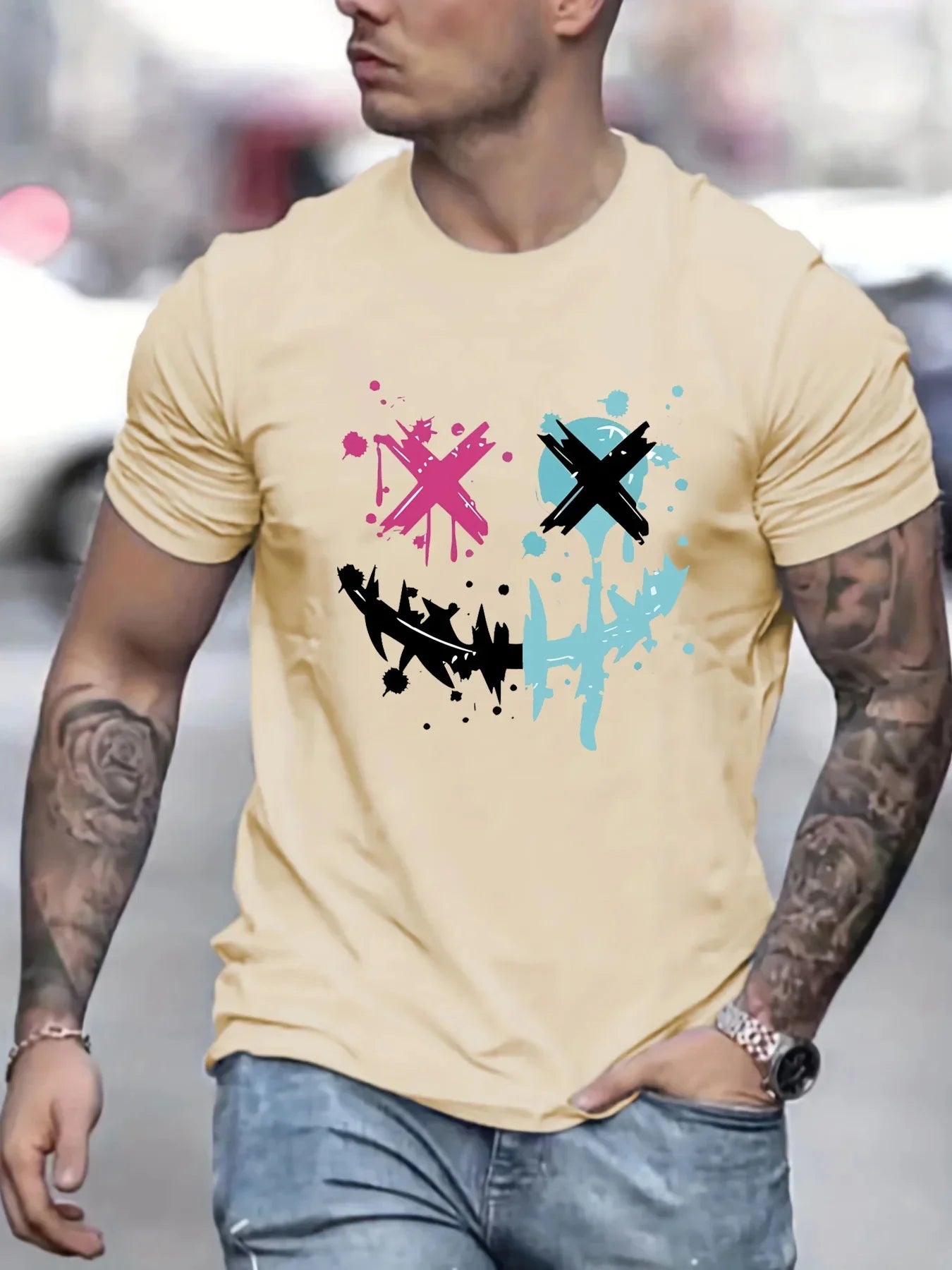 Summer men's 100% pure cotton casual loose size smiley face pattern printed sports comfortable round neck short sleeved T-shirt