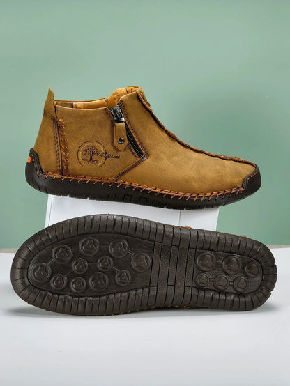 New Classic Handmade Leather Men Shoes Zipper Design Outdoor Sneakers Slip On Breathable Casual Shoes Leather Men Ankle Boots