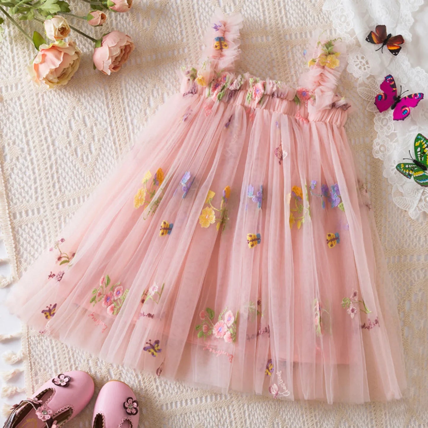 Outdoor Summer Cute Princess Dress Toddler Baby Girls Embroidery Flower Suspender Mesh Dresses Birthday Party Princess Dresses