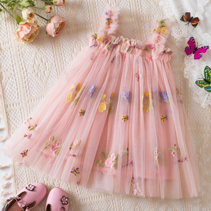 Outdoor Summer Cute Princess Dress Toddler Baby Girls Embroidery Flower Suspender Mesh Dresses Birthday Party Princess Dresses