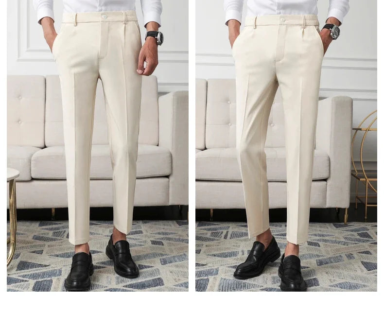 Slim Straight Non-iron Dress Pants Men Business Casual Little Feet Suit Pants Classic Black Apricot Dark Gray Male Trousers